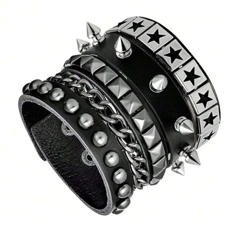 Vintage Leather Bracelets Punk Row Cuspidal Spikes Rivet Stud Wide Cuff PU Leather Punk Gothic Rock Unisex goth accessories -