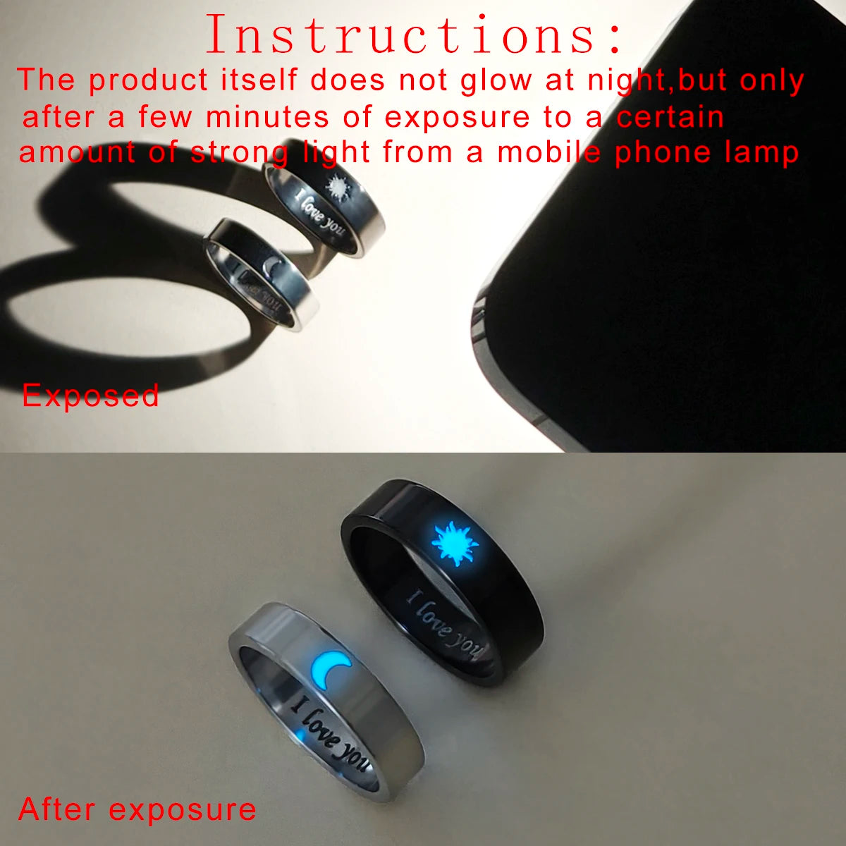 2-Piece Set Luminescent Day Night Couple Rings Fashionable Ladies Valentine's Day Gift Love Commitment Finger Rings
