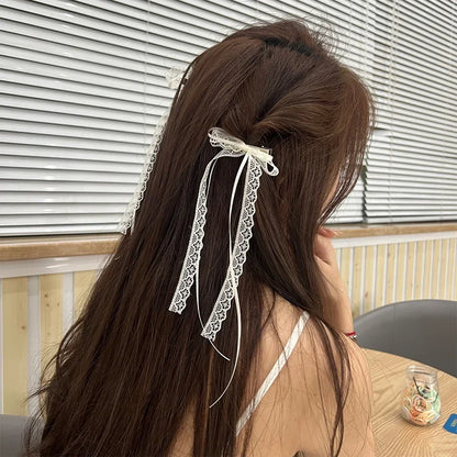 2Pcs White Sweet Lace Long Bow Hair Clip Women Girls Ribbon Tassel Bowknot Hair Pins Braid Barrettes Trend Hollow Out Headwea
