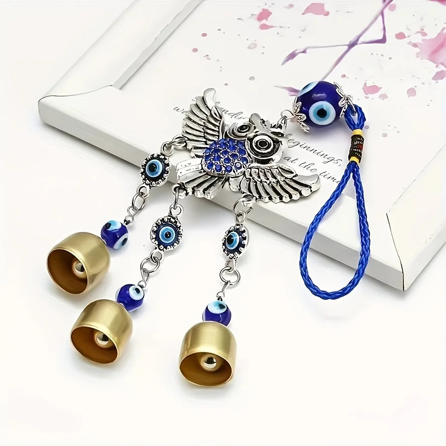 1pc blue eye spread wing owl bell wind chime for outdoor courtyard corridor window lattice wall car decoration birthday gift
