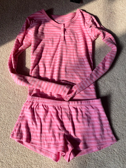Pink Striped Long Sleeve T-shirt Shorts Set Woman Buttons Slim Tees+Elastic Straight Short Pant Cotton Home Pajama 2 Piece Se