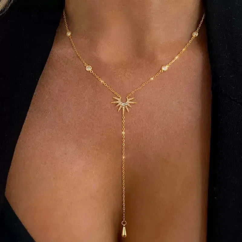 Stainless Steel Y-Shaped Pendant Necklace for Women Girls Elegant Fashion Cubic Zirconia Long Tassel Dangle Choker Jewelry Gi