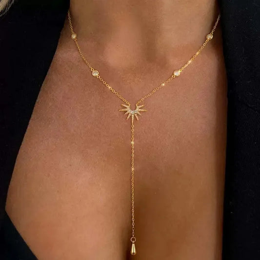 Stainless Steel Y-Shaped Pendant Necklace for Women Girls Elegant Fashion Cubic Zirconia Long Tassel Dangle Choker Jewelry Gi