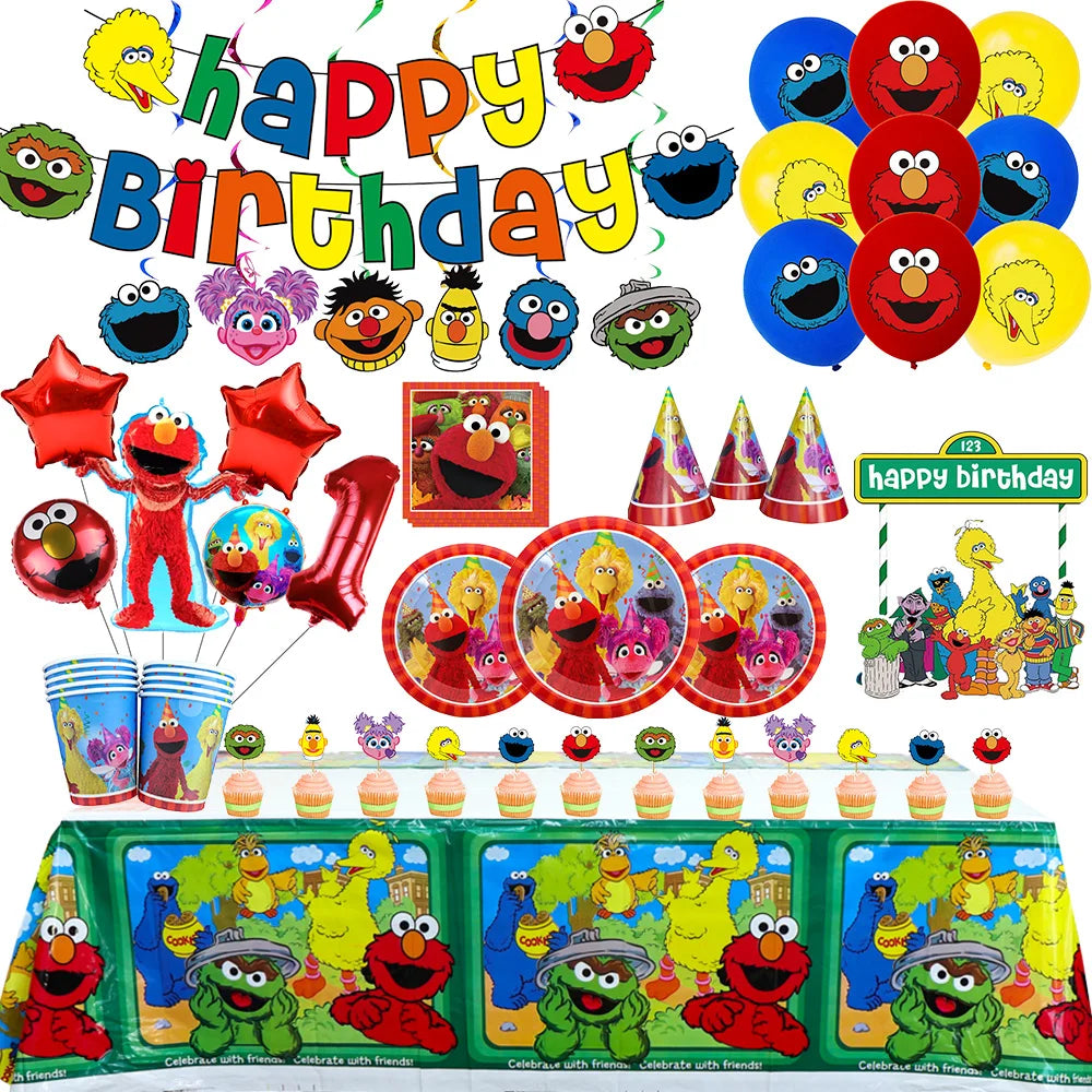 Cartoon Sesames Street Birthday Party Decor Elmo and Friends Theme Tablecloth Plate Balloon Set Cake Decor Baby Shower