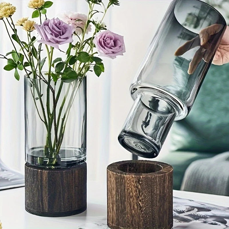 Elegant Glass Vase with Wooden Base for Hydroponic Plants, Modern Tabletop Floral Arrangement Home Decoration