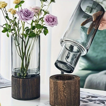 Elegant Glass Vase with Wooden Base for Hydroponic Plants, Modern Tabletop Floral Arrangement Home Decoration