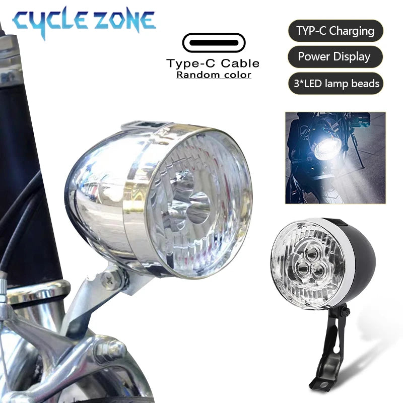 Vintage Bicycle Front Light 3 LED Bike Headlight MTB Flashlight Retro Design Cycling Head Lamp for Night Riding Black Silver
