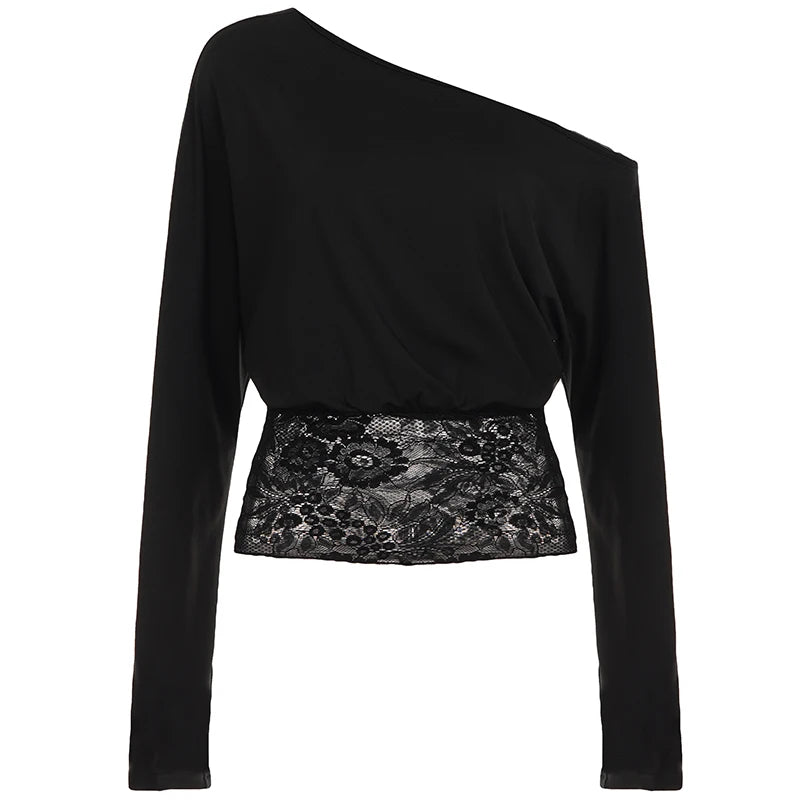 Elegant Patchwork Lace T-Shirt See Through Slim-Fitting Crew Neck Off-Shoulder Long Sleeve Tees Women 2025 Autumn Winter Fash
