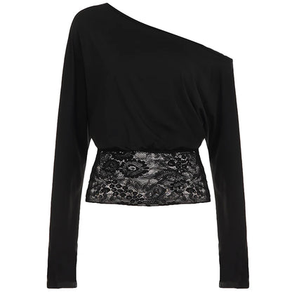 Elegant Patchwork Lace T-Shirt See Through Slim-Fitting Crew Neck Off-Shoulder Long Sleeve Tees Women 2025 Autumn Winter Fash
