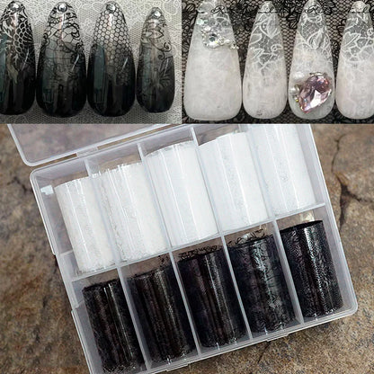 10 Rolls 4x50CM Black White Lace Transfer Nail Sticker Sexy Flower Lace Nail Art Transfer Foils Paper for DIY Manicure Decals