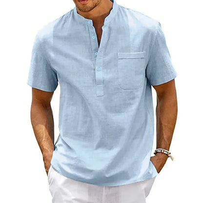 Cotton Linen Shirt Men Henley Neck Pocket Casual Beach Short Sleeve Solid Color Male Tops T-shirts Vintage Streetwear - Light