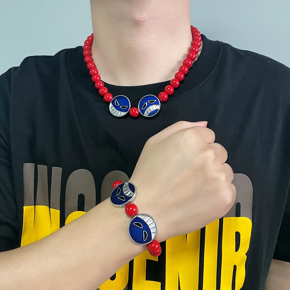 Anime Red Beads Face Bracelet Necklace, Portgas D Ace, Fashion Jewelry Accessories, Cosplay Party Gifts
