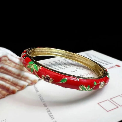Enamel Chinese Cloisonne Bracelet Double Bangle Traditional Peony Filigree Flower Bangle Ethnic Vintage Women's Hand Bracelet