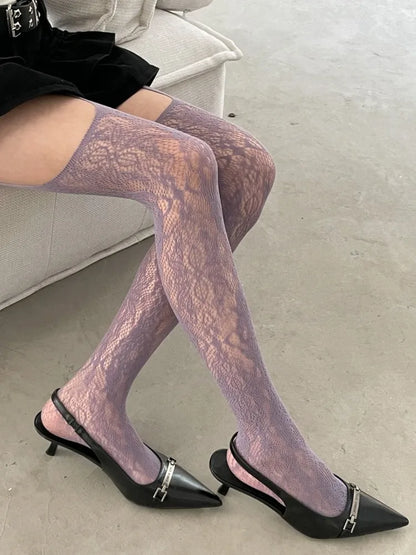 New Floral Pattern Coffee Fishnet Stockings with Suspender Women Sexy Brown Hollow Out Mesh Thigh High Socks Lolita Long Sock