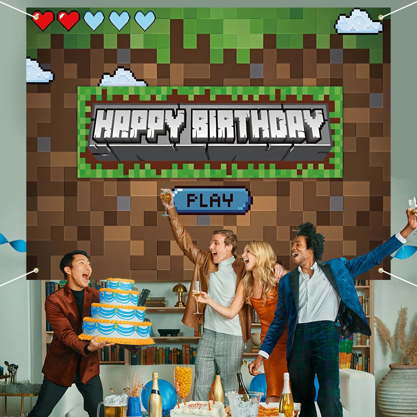 Pixel Backdrop for Happy Birthday Video Game Themed Party Photography Background Mining Party Supplies Pixel Party Decoration