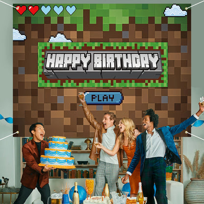 Pixel Backdrop for Happy Birthday Video Game Themed Party Photography Background Mining Party Supplies Pixel Party Decoration