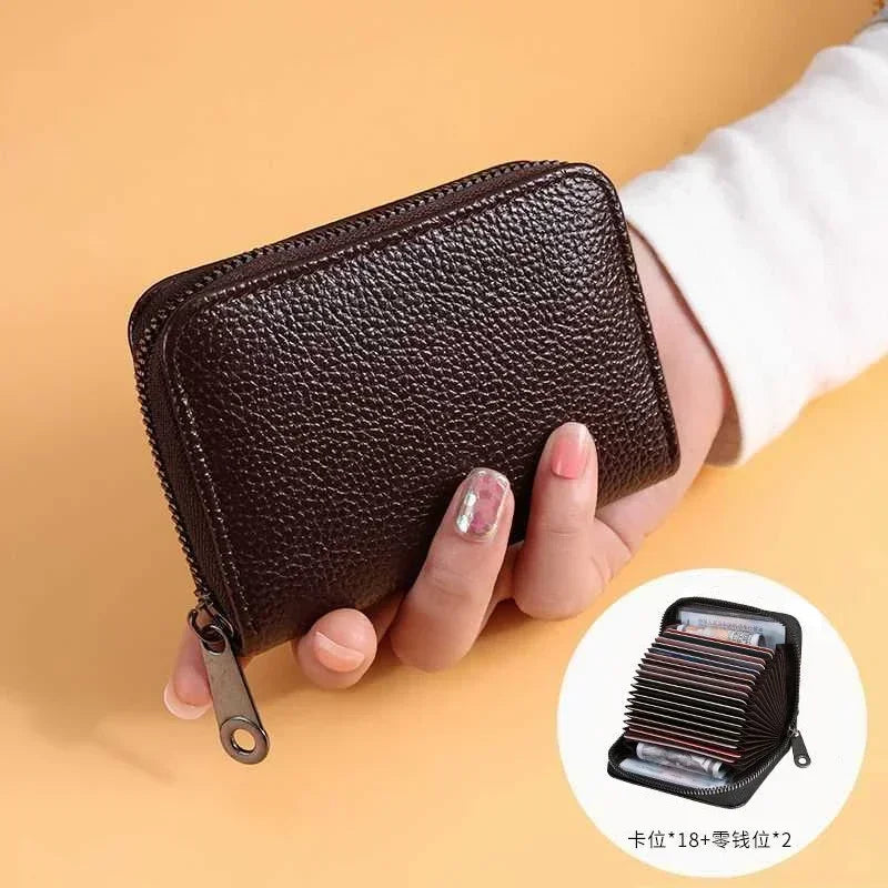 Multi Slot Card Holder Vintage Small Wallet Women Men Business Bank Credit Card Bag Male Coin Pouch Solid Leather Zipper Wall