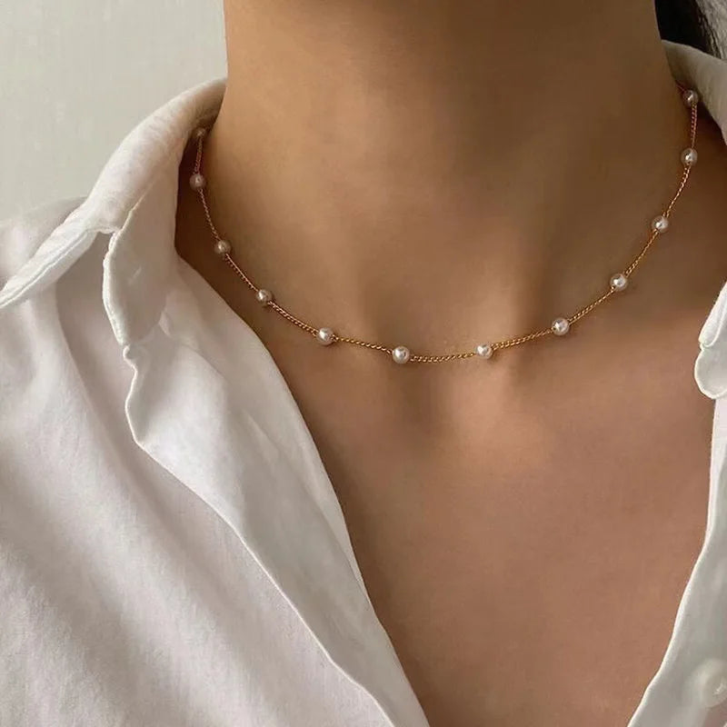 New Beads Women's Neck Chain Kpop Pearl Choker Necklace Gold Color Goth Chocker Jewelry On The Neck Pendant 2022 Collar For G