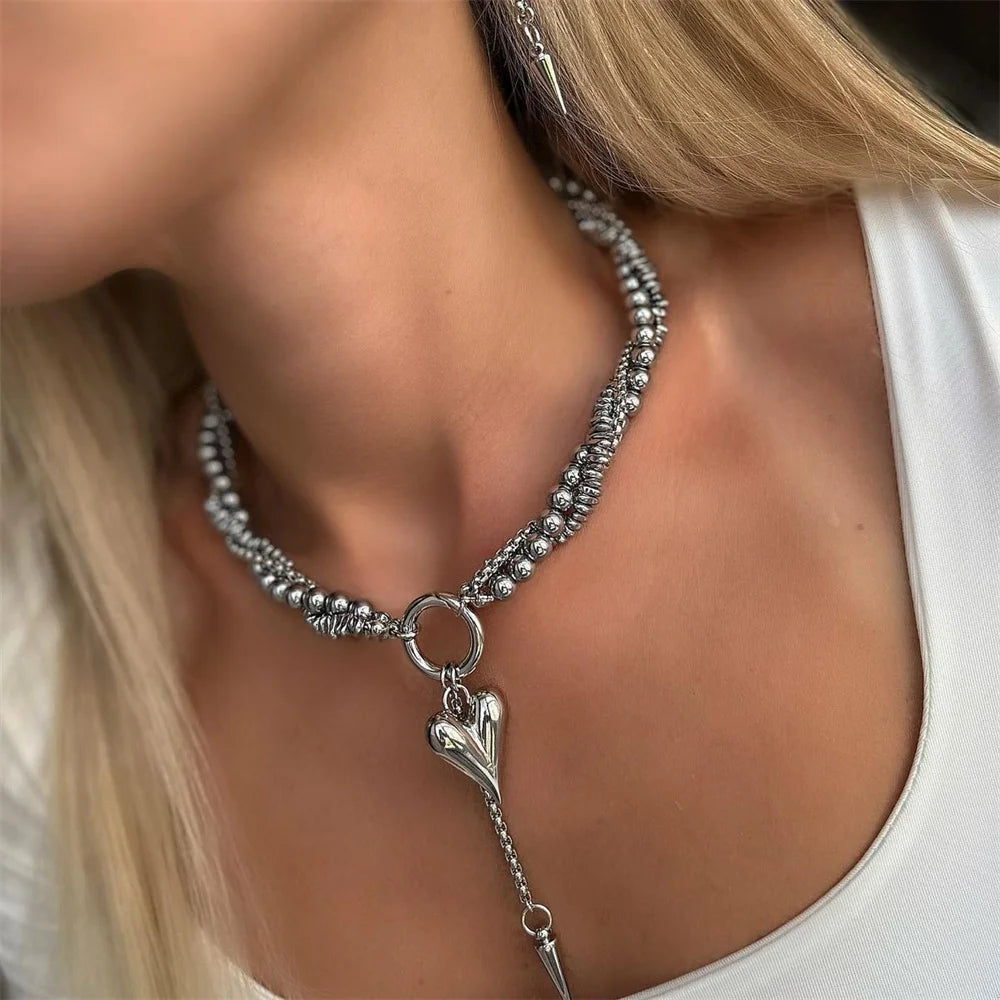 Fashion Vintage Silver Color Geometric Bead Chain Necklace For Women Female Boho Tassel Heart Pendant Jewelry