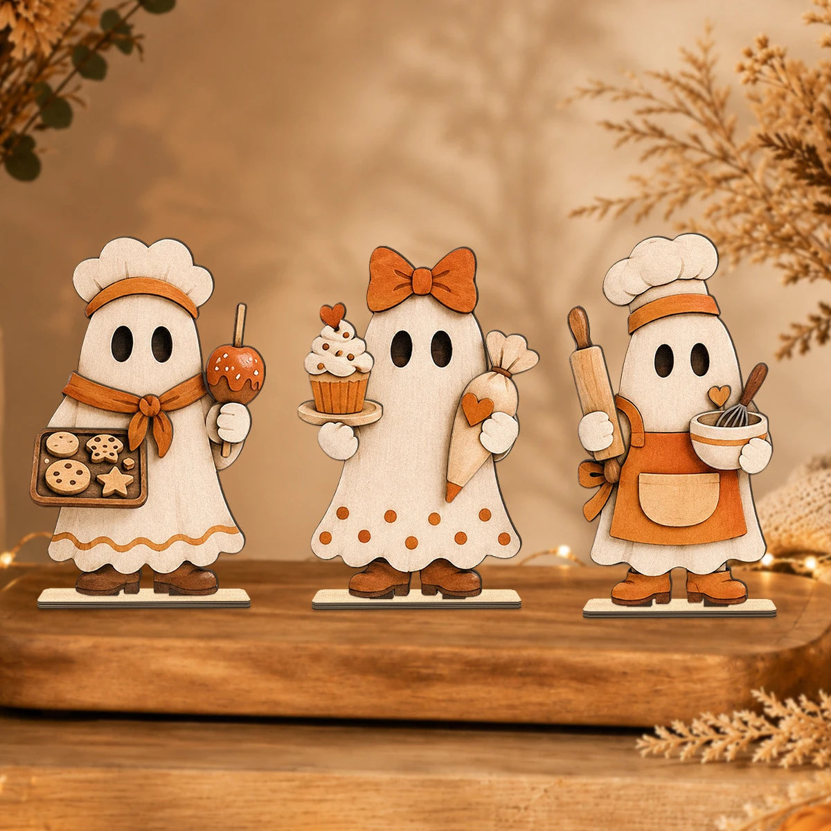3 Pieces/Set of Autumn Wooden Ornaments, Vintage Autumn Standee Three-Piece Set for Desktop Decoration, Maple Leaf and Sunflo