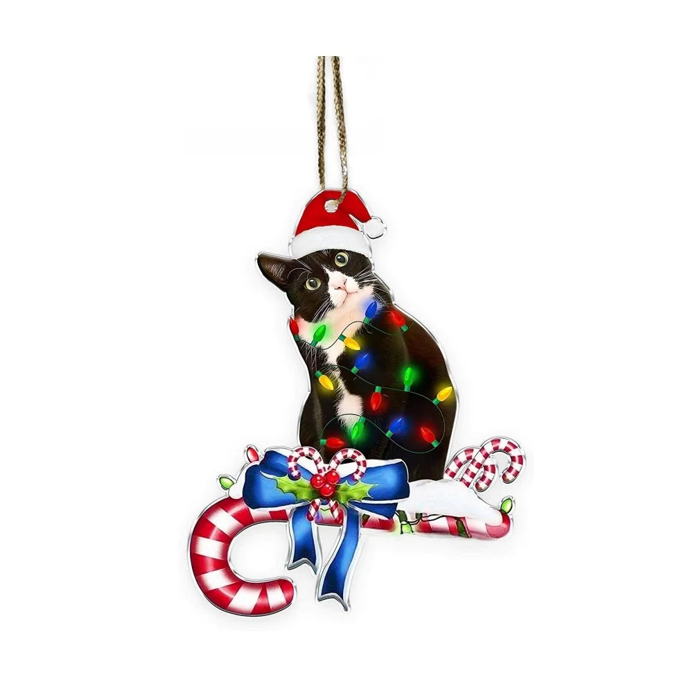 Charming Black Cat Christmas Ornament 2d Acrylic Hanging Decor For Tree Car Mirror Keychain Kid Xmas Gift Holiday Party Suppl