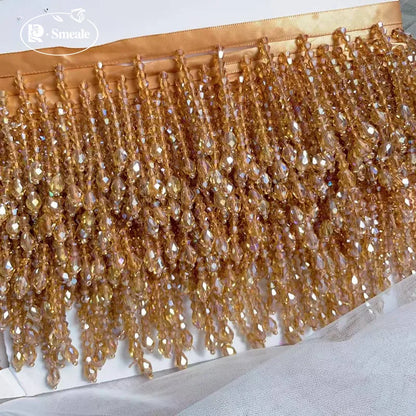 Lace Trim Beaded 2 Yards, Crystal Tassels, 5.5 Cm Wide, Vintage Lace Accent for Sewing, Scrapbooking - Golden -B / 2Yards