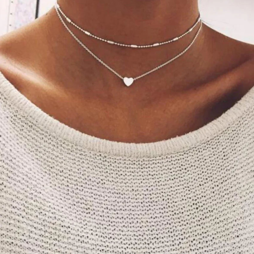 LATS Vintage Love Heart Pendant Necklace for Women Trend Silver Color Metal Chain Collar Choker Party Jewelry Birthday Gifts
