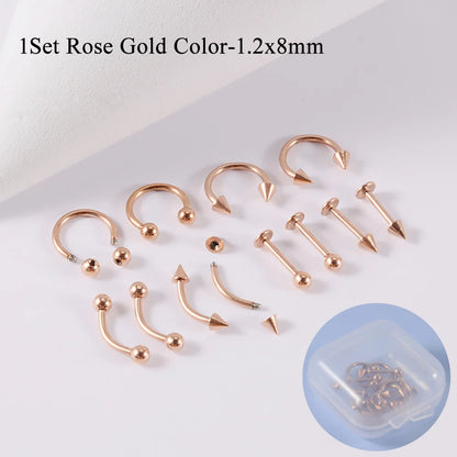 12pcs/Set Surgical Steel Silver Color Gold Plated Black Rainbow Ear Nose Eyebrow Labret Basic Piercing Jewelry Set 8mm - Rose