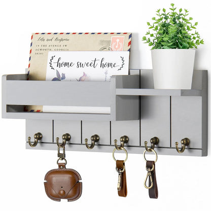 Decorative Key Rack and Mail Organizer with 6 Key Hooks Rustic Wood Key Holder Wall Mounted with Shelf for Living Room Enterw