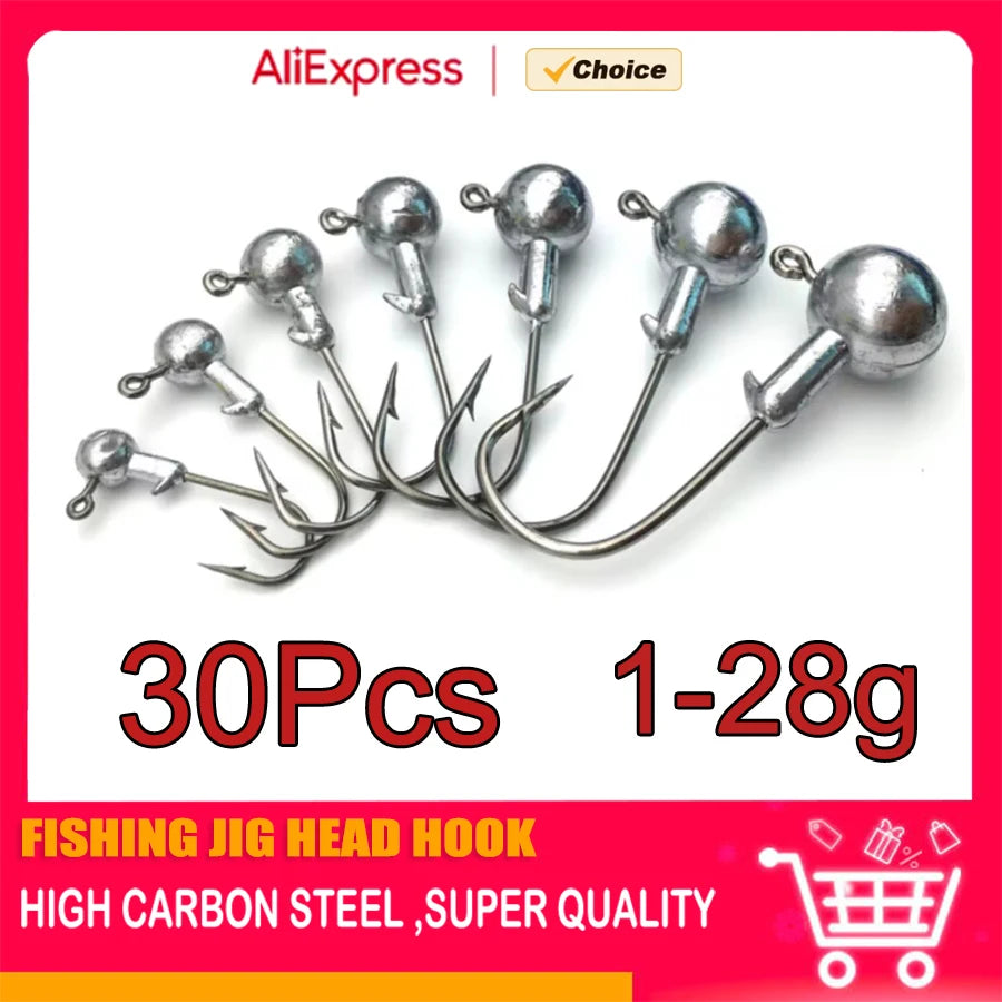 MrLurion 30pcs 1g 2g 3g 5g 10g 14g 18g 22g 25g 28g Fishing jigging head hook ,round head rigs fishhook for soft worm crank lu