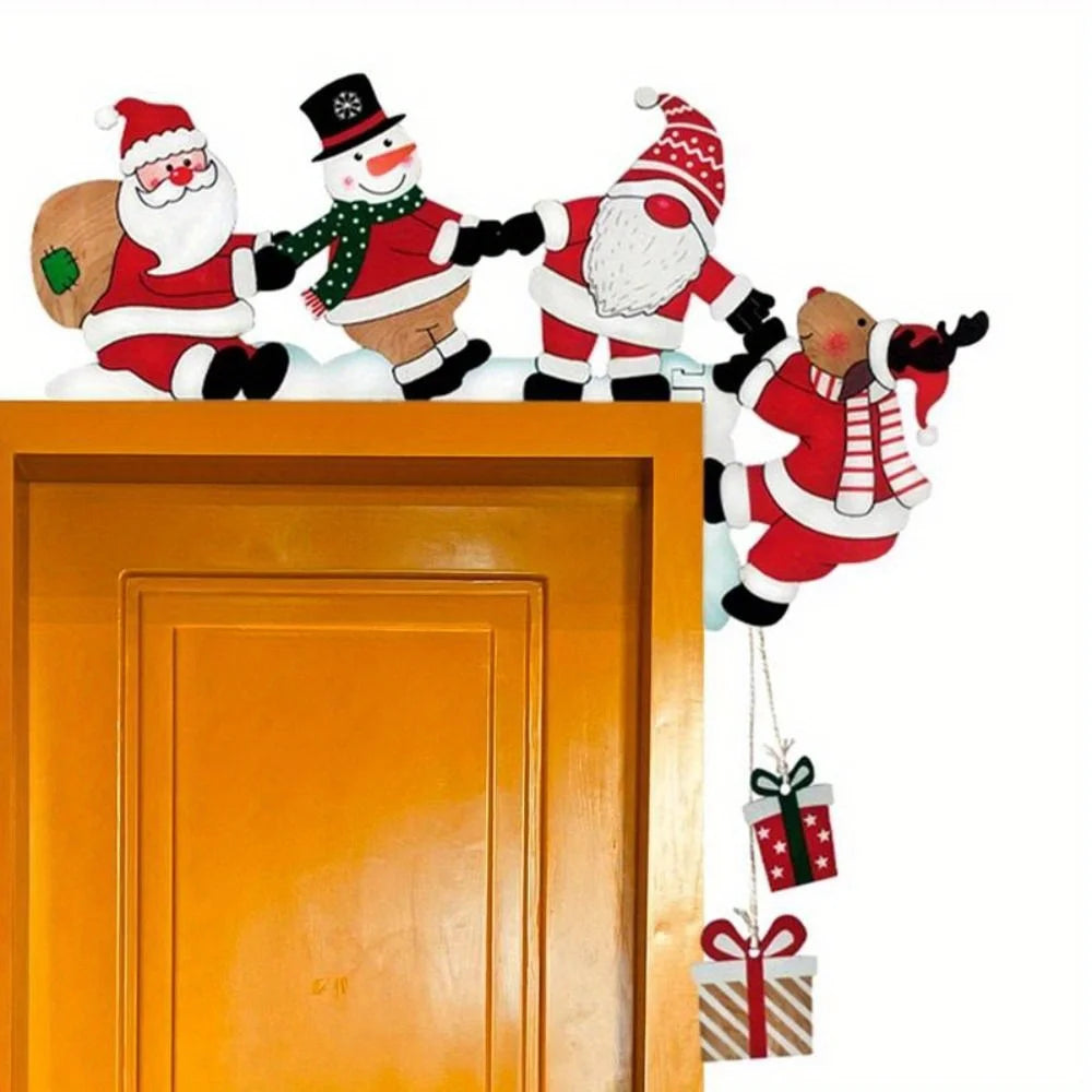 2D Flat, Charming Wooden Santa Claus, Snowman and Reindeer Door Frame Decoration-Hang Holiday Ornament,Christmas Wall Decorat