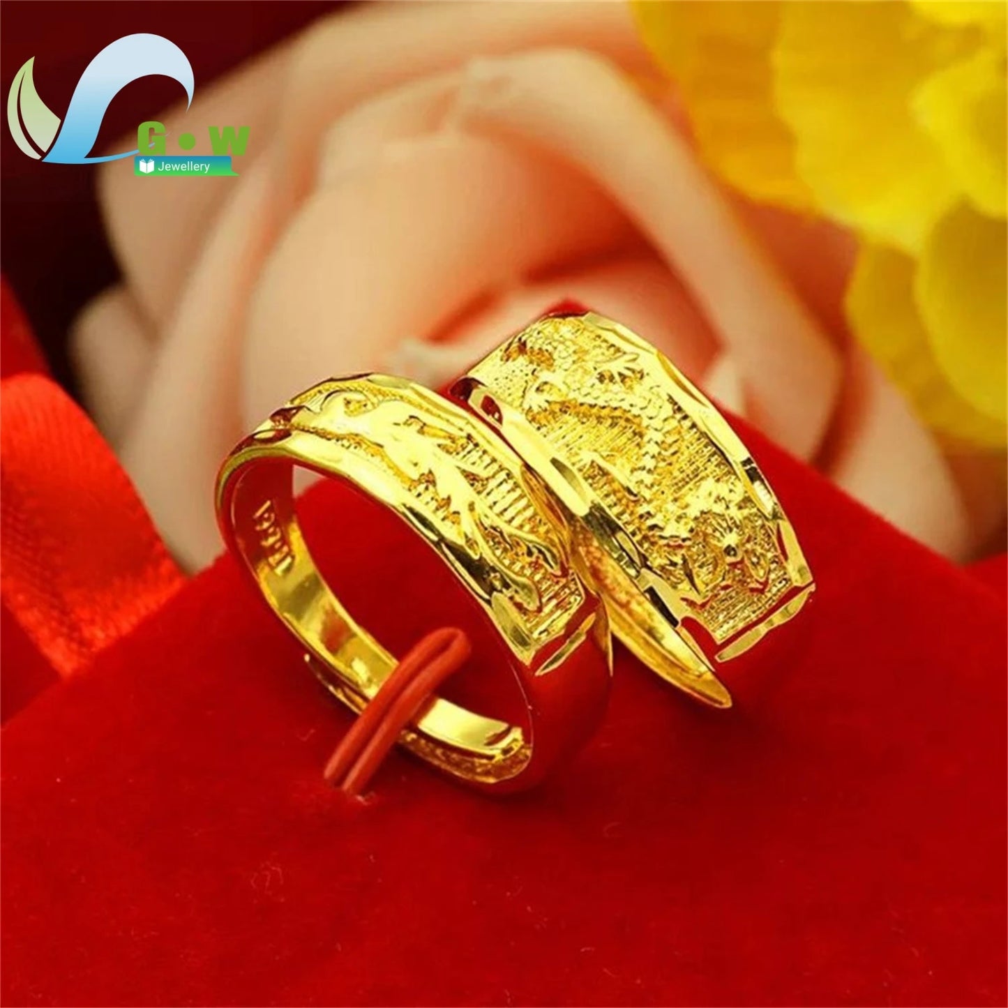 Fancy Gold Carve Dragon Phoenix Couple Adjustable Open Rings Stone Lucky Charm Band Classic Elegant Fashion Jewelry Gift Wedd