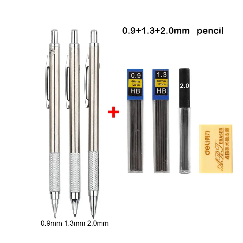 Mechanical Pencil Set 0.3 0.5 0.7 0.9 1.3 2.0mm Full Metal Art Drawing Painting Automatic Pencil with Leads Office School Sup