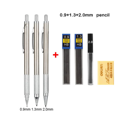 Mechanical Pencil Set 0.3 0.5 0.7 0.9 1.3 2.0mm Full Metal Art Drawing Painting Automatic Pencil with Leads Office School Sup