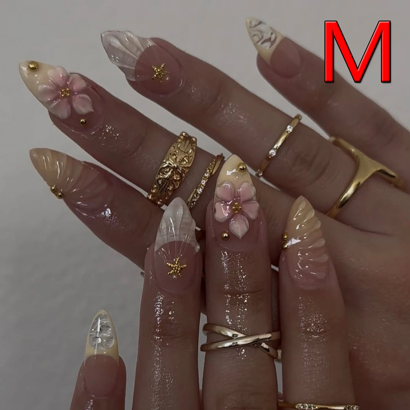 y2K 10PCS Hand Made Press On Nail-Short Almond Glue On Nails-Tropical Flowers Starfish And Golden Pearls Press One As gifts -
