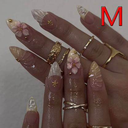 y2K 10PCS Hand Made Press On Nail-Short Almond Glue On Nails-Tropical Flowers Starfish And Golden Pearls Press One As gifts