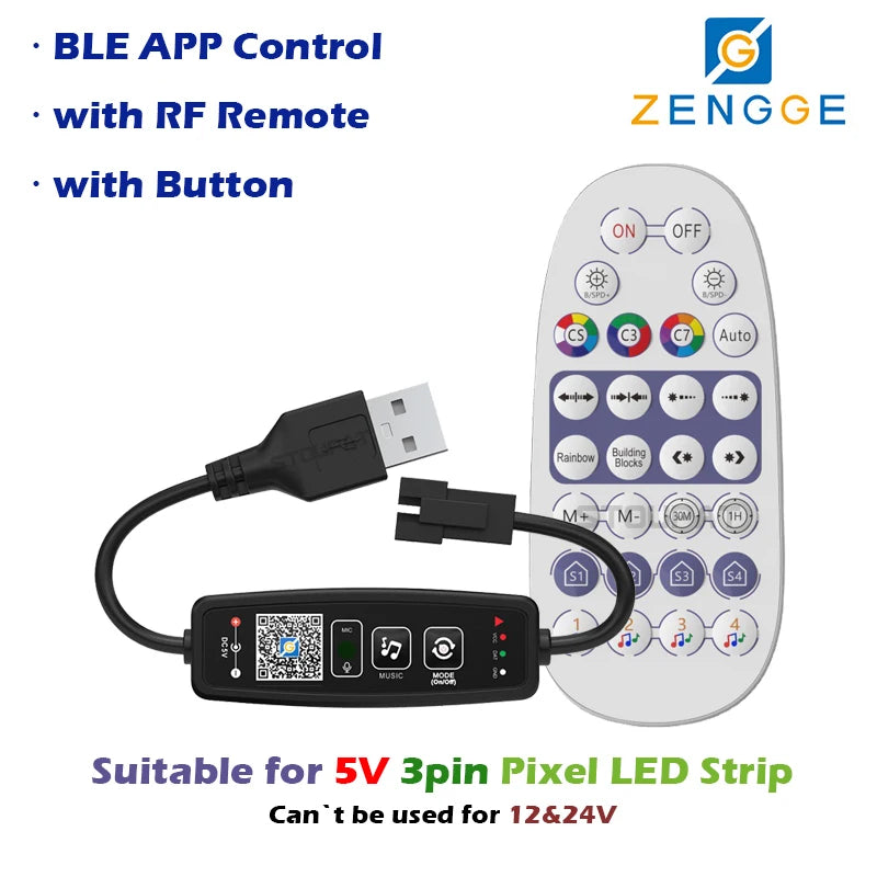 BLE WS2812B Controller BT Music for Pixel LED Strip Light SK6812 WS2811 WS2812 LED Light Strip USB 5V APP Remote Controller -