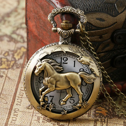 Vintage Bronze Hollow Horse Animal Design Quartz Pocket Watch With Necklace Gift Fashion New Men Women Exquisite Watches - br