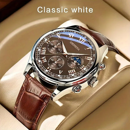 GENEVA Men's Luxury Belt Fashion Quartz Watch Men Round Business Student Sport Waterproof Glow Clock - BROWN