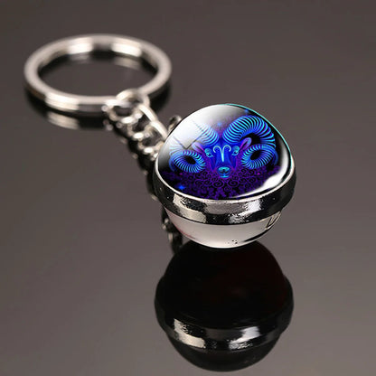 12 Constellation Key Chain Luminous Double Sided Glass Ball Pendant 12 Zodiac Key Chain Fashion Birthday Gift for Men and Wom