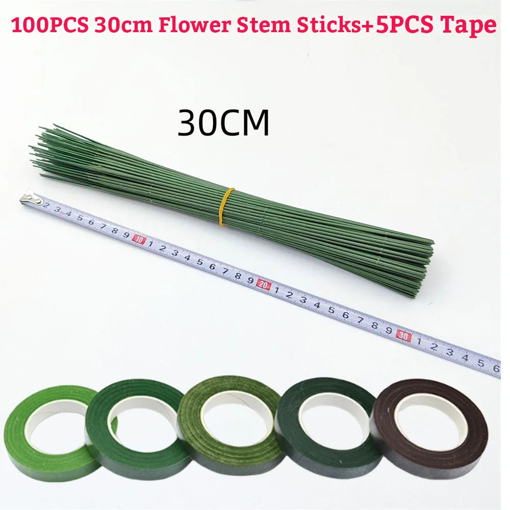 Green Flower Stem Sticks DIY Floral Material Handmade Wire Stem Floriculture Tape Self-adhesive Bouquet Floral Stem Paper Tap