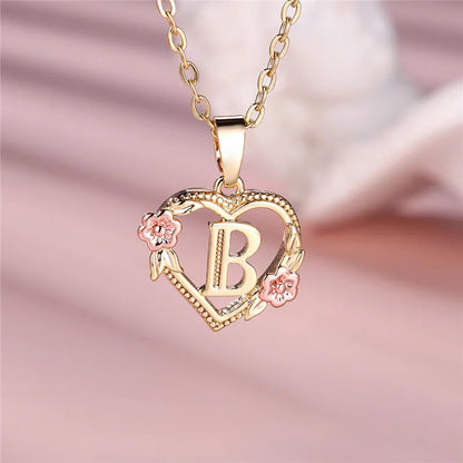 Female A-Z Letter Flower Pendant Necklace Yellow Gold Color Wedding Jewelry Gift For Women - B