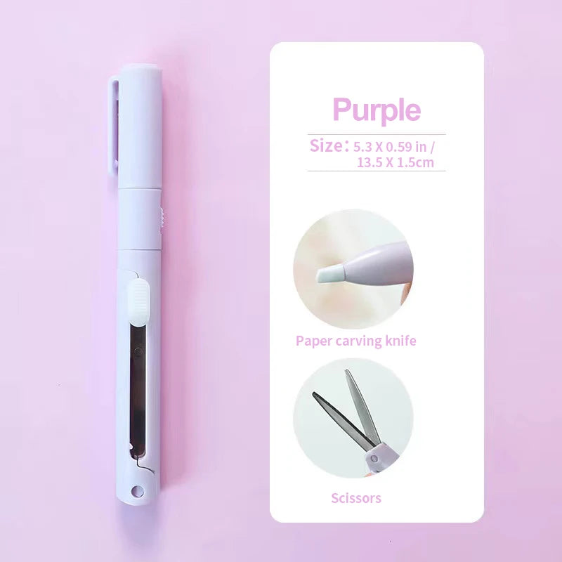 1pc Mini Portable Scissors Paper Cutter Knife 2 In 1 Multifunctional Pocket Pen Shape Scrapbooking Carving Cutting Art Tools 