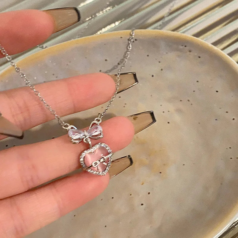 Y2K Crystal Bow Angel Wings Heart Pendant Necklace For Women Sweet Cool Girl Clavicle Chain Trendy Aesthetic Jewelry Accessor