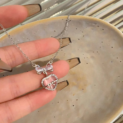 Y2K Crystal Bow Angel Wings Heart Pendant Necklace For Women Sweet Cool Girl Clavicle Chain Trendy Aesthetic Jewelry Accessor