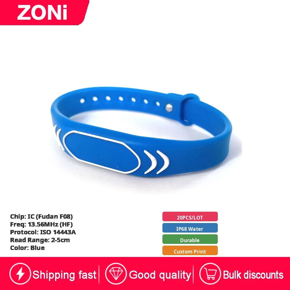 RFID IC ID Silicone Wristband Fudan F08 S50 M1 13.56MHz / TK4100 Chip 125KHz Waterproof Wrist Tag for Swimming & Foot Spa 20P
