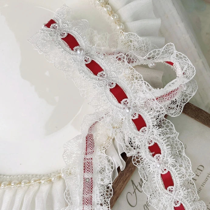 1 Yard Lolita lace Lvory Bead Ruffled Lace Fabric Edging Satin Ribbon DIY Clothing Curtains Furniture Decorations 3.5cm Wide 