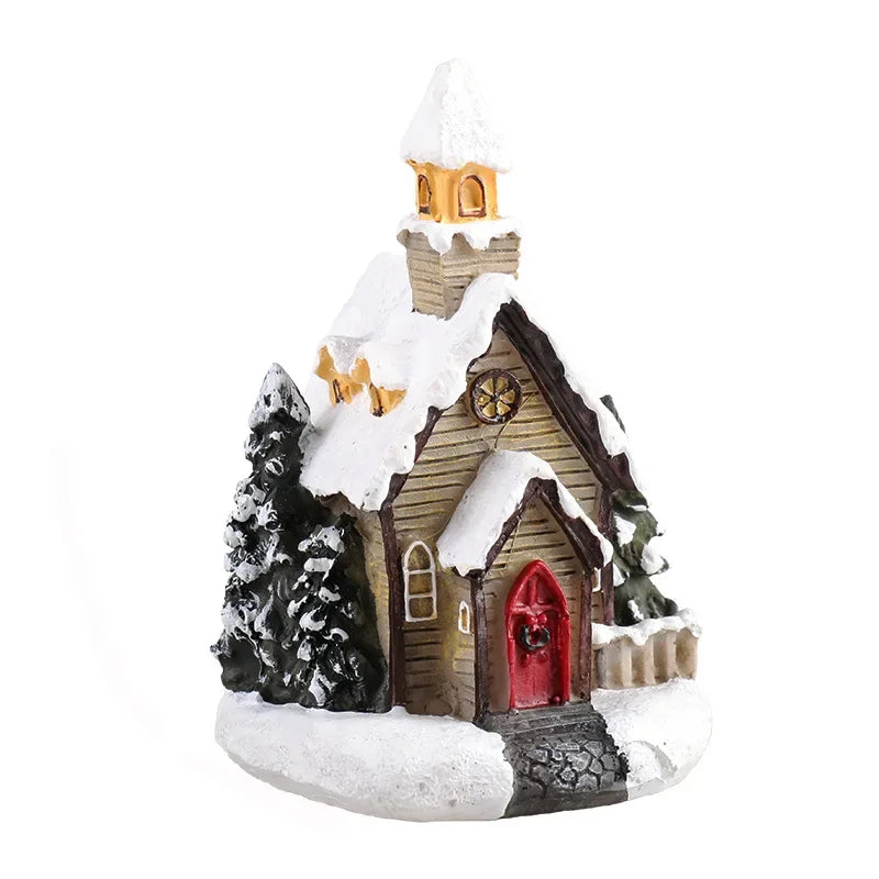 Christmas Decoration House LED Light Xmas Durable Ornaments Small Resin Mini House Miniature Village Building for Home Kids G