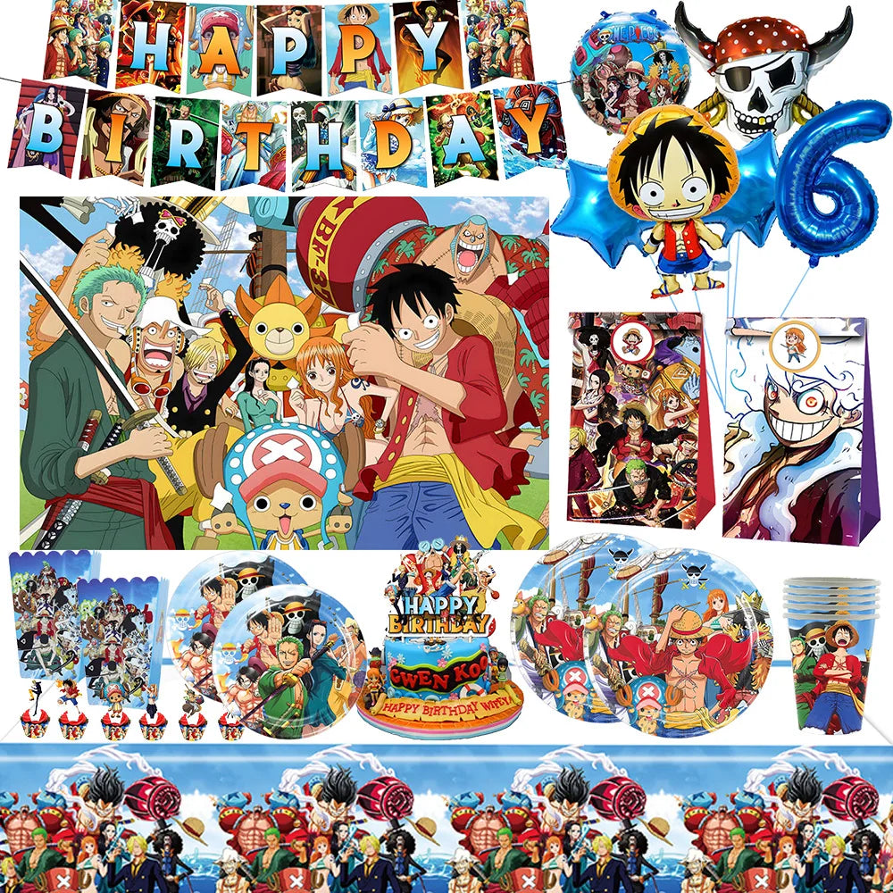 One Piece Birthday Party Dinner Plates Hanging Banner Cake Decoration One Piece Luffy Balloon Party Decoration Theme Props Gi
