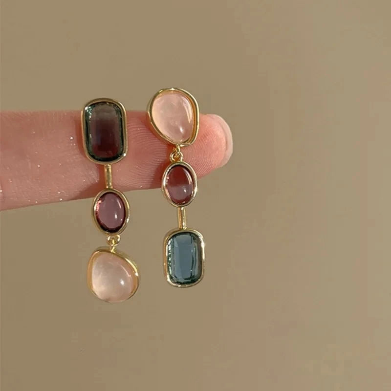 Asymmetric Colorful Resin Earrings for Women Retro Contrast Geometric Dangle Earrings Korean Jewelry